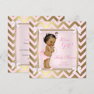 Baby Shower Girl Pink Pearl Gold Chevron Ethnic Invitation