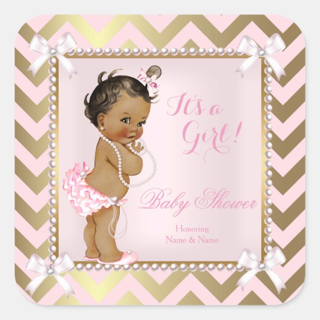 Baby Shower Girl Pink Pearl Gold Chevron Ethnic Square Sticker (Front)