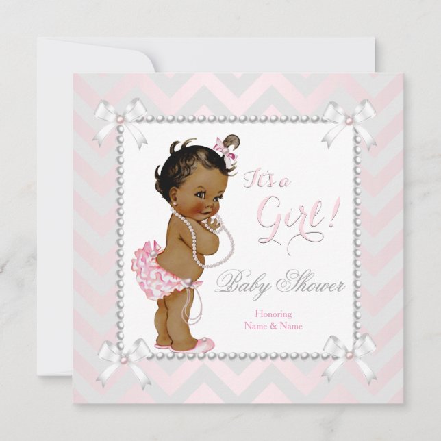 Baby Shower Girl Pink Pearl Grey White Ethnic Invitation (Front)