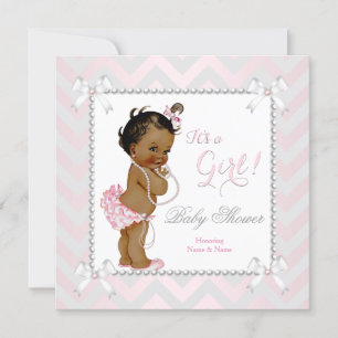 Baby Shower Girl Pink Pearl Grey White Ethnic Invitation