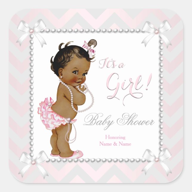 Baby Shower Girl Pink Pearl Grey White Ethnic Square Sticker (Front)