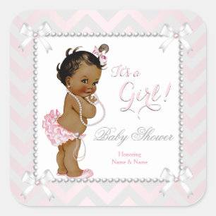 Baby Shower Girl Pink Pearl Grey White Ethnic Square Sticker