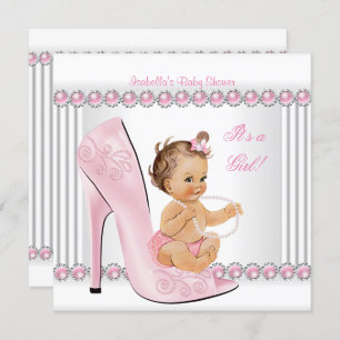 Baby Shower Girl Pink Pearl High Heel Shoes Invitation