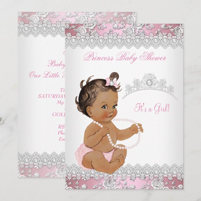 Baby Shower Girl Pink Pearl Silver Rose Brunette Invitation (Front/Back)