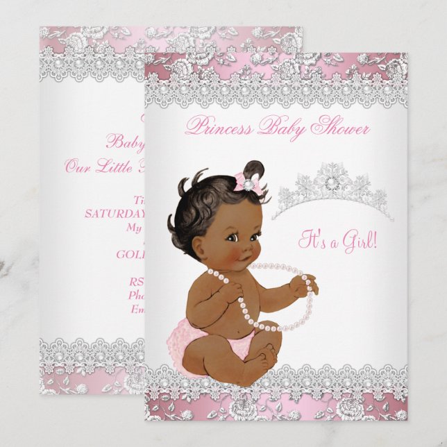Baby Shower Girl Pink Pearl Silver Rose Ethnic Invitation (Front/Back)