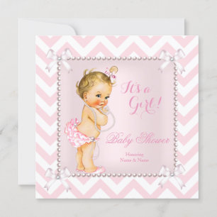 Baby Shower Girl Pink Pearl White Chevron Blonde Invitation