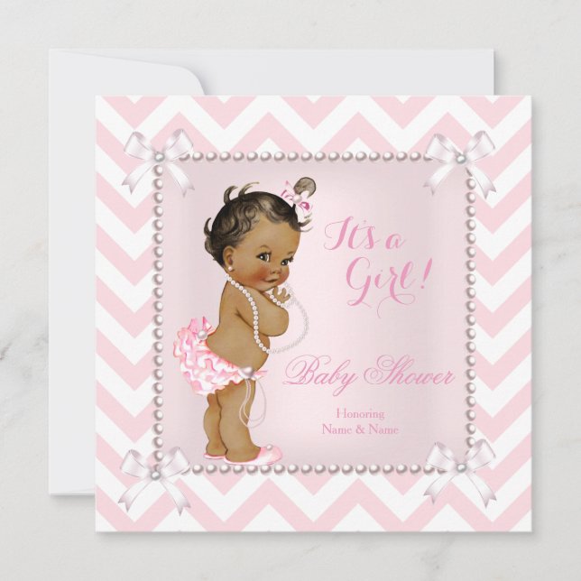 Baby Shower Girl Pink Pearl White Chevron Ethnic Invitation (Front)