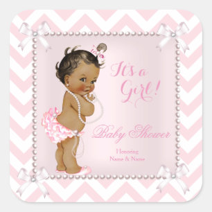 Baby Shower Girl Pink Pearl White Chevron Ethnic Square Sticker