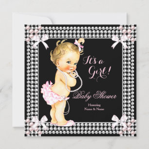 Baby Shower Girl Pink Pearls Black Blonde Invitation