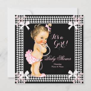 Baby Shower Girl Pink Pearls Black Brunette Invitation