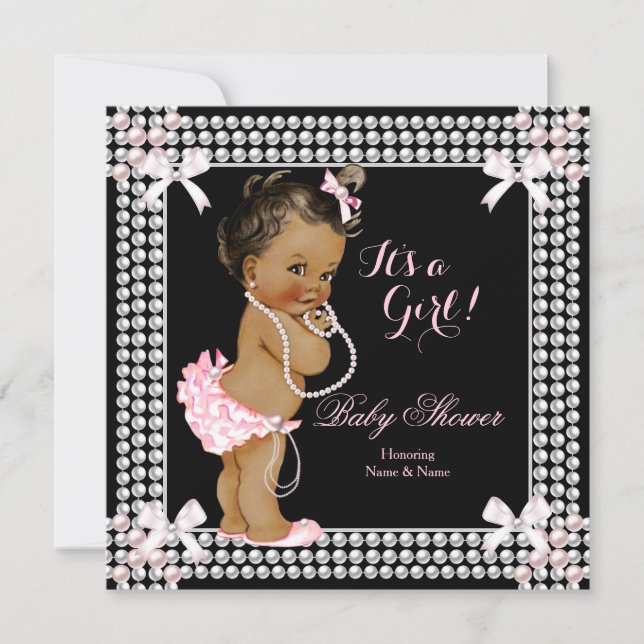 Baby Shower Girl Pink Pearls Black Ethnic Invitation (Front)