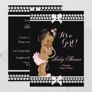 Baby Shower Girl Pink Pearls Black Ethnic Invitation