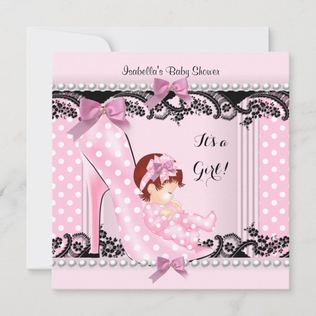 Baby Shower Girl Pink Polka Dots High Heel Shoe 3 Invitation (Front)