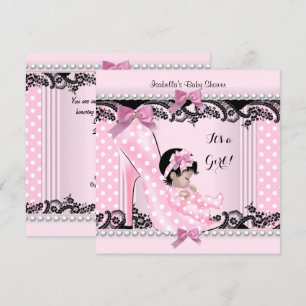 Baby Shower Girl Pink Polka Dots High Heel Shoe 4 Invitation