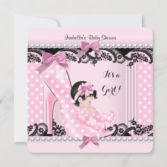 Baby Shower Girl Pink Polka Dots High Heel Shoe Invitation (Front)
