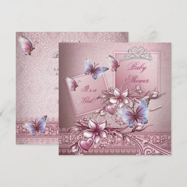 Baby Shower Girl Pink Princess Butterfly Invitation (Front/Back)