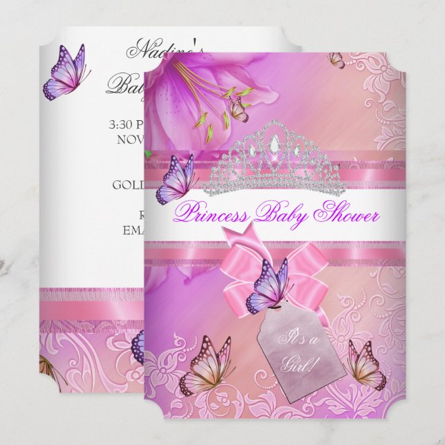 Baby Shower Girl Pink Purple Princess Butterfly 3 Invitation (Front/Back)