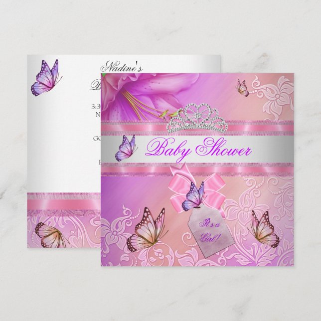 Baby Shower Girl Pink Purple Princess Butterfly Invitation (Front/Back)