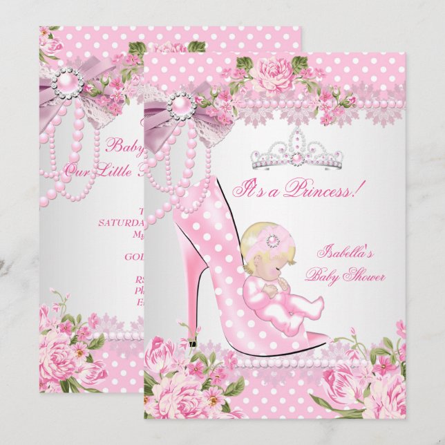 Baby Shower Girl Pink Rose Polka Dots High Heels B Invitation (Front/Back)