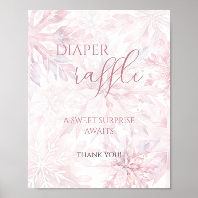 Baby Shower Girl Pink Snowflake Diaper Raffle Poster (Front)