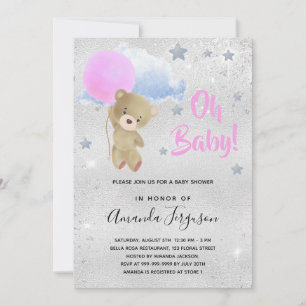 Baby shower girl pink teddy bear silver invitation