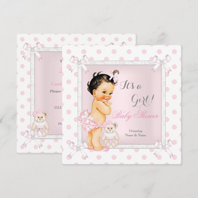 Baby Shower Girl Pink Toy Polka Dot Brunette Invitation (Front/Back)