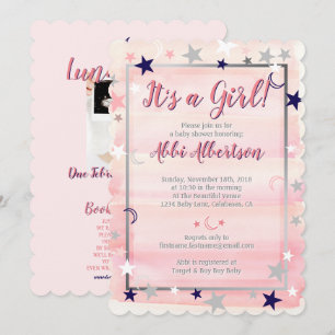 Baby Shower Girl Pink Watercolor Grey Moon & Stars Invitation