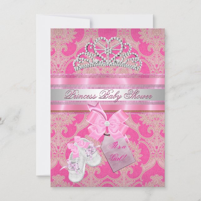 Baby Shower Girl Pink White Princess Tiara Booties Invitation (Front)