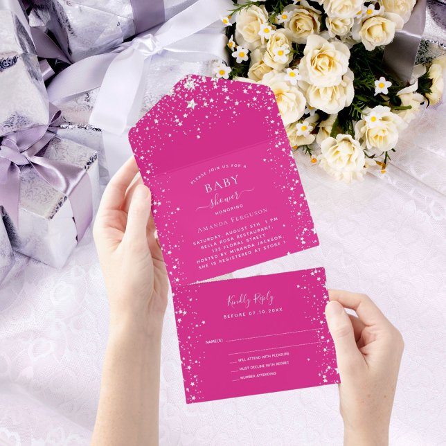 Baby Shower girl pink white stars RSVP All In One Invitation (Creator Uploaded)