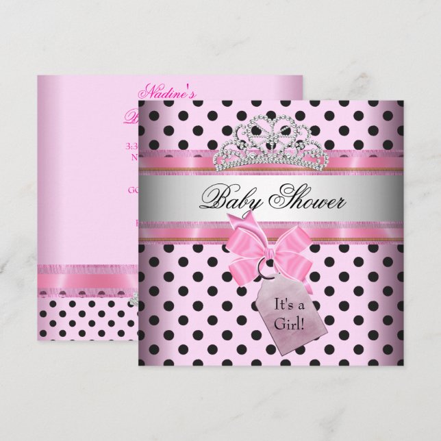 Baby Shower Girl Polka Dot Pink Princess Black Invitation (Front/Back)