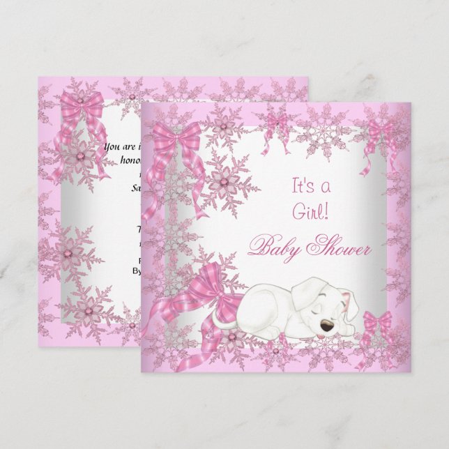 Baby Shower Girl Pretty Pink Snowflakes Puppy 2 Invitation (Front/Back)