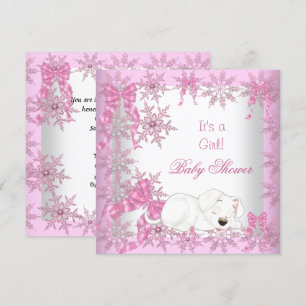 Baby Shower Girl Pretty Pink Snowflakes Puppy 2 Invitation