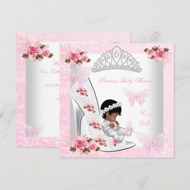 Baby Shower Girl Princess Butterfly Shoe Pink Rose Invitation (Front/Back)