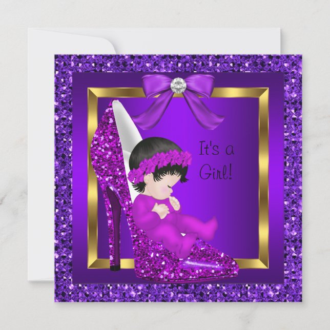 Baby Shower Girl Purple Glitter Shoe Invitation (Front)