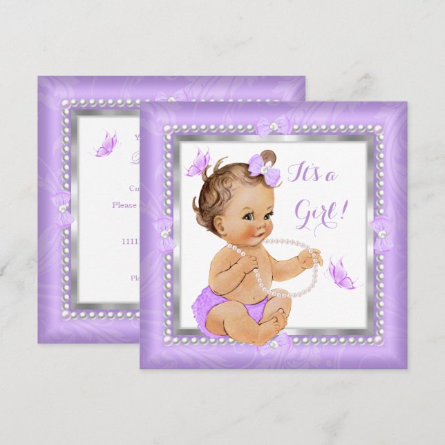 Baby Shower Girl Purple Pearl Butterfly Brunette Invitation (Front/Back)