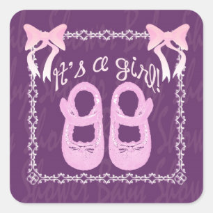 Baby shower girl purple square sticker