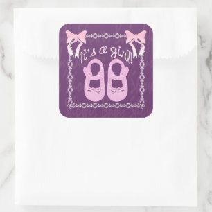 Baby shower girl purple square sticker