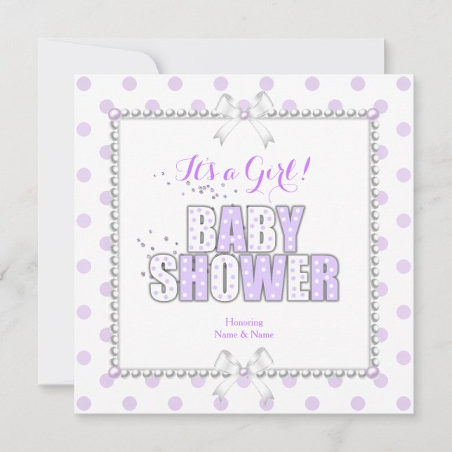 Baby Shower Girl Purple White Polka Dots Pearls Invitation (Front)