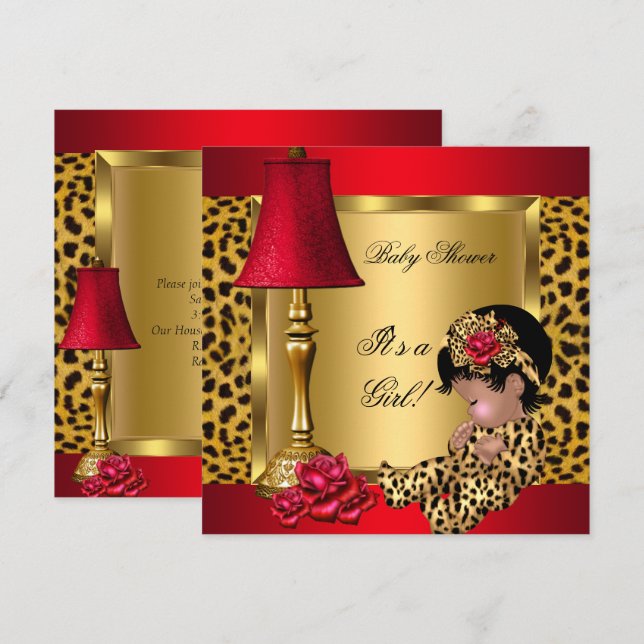 Baby Shower Girl Red Gold Roses Leopard AA Invitation (Front/Back)