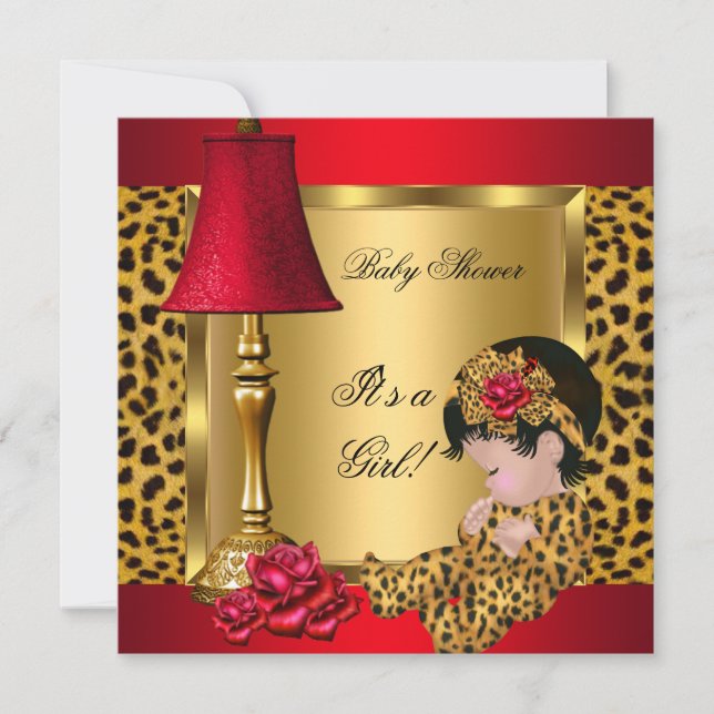 Baby Shower Girl Red Gold Roses Leopard Invitation (Front)