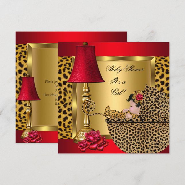 Baby Shower Girl Red Gold Roses Leopard Pram Invitation (Front/Back)