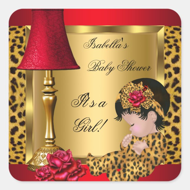 Baby Shower Girl Red Gold Roses Leopard Square Sticker (Front)