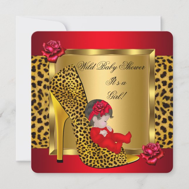 Baby Shower Girl Red Roses Gold Wild Leopard 3 Invitation (Front)