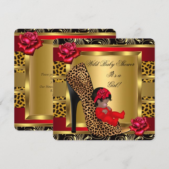 Baby Shower Girl Red Roses Gold Wild Leopard 3 Invitation (Front/Back)