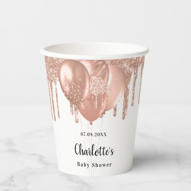 Baby Shower girl rose gold balloons white Paper Cups (Front)
