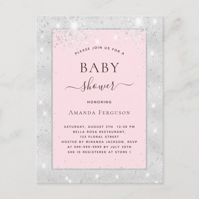 Baby shower girl silver blush pink glitter invitation postcard (Front)