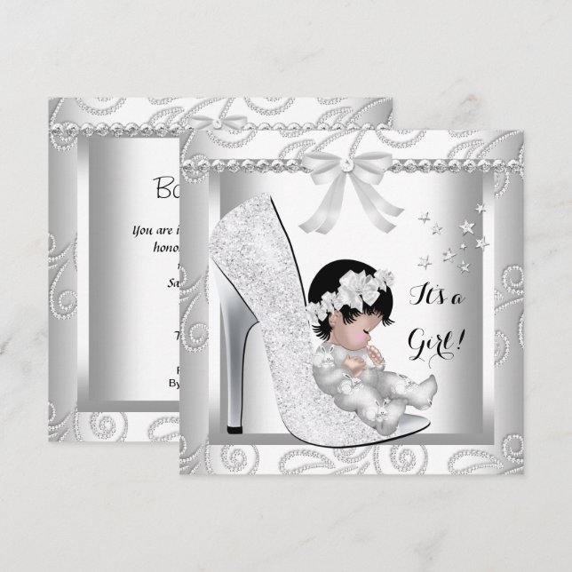 Baby Shower Girl Silver Grey White Diamond Shoe Invitation (Front/Back)