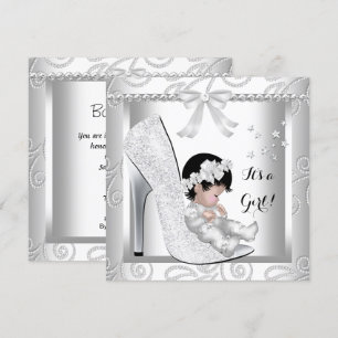 Baby Shower Girl Silver Grey White Diamond Shoe Invitation