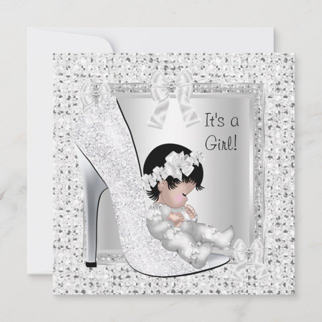 Baby Shower Girl Silver White Glitter Shoe Invitation (Front)