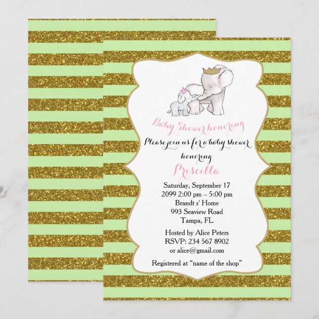 Baby Shower GIRL, strip,mint,glitter,elephants Invitation (Front/Back)